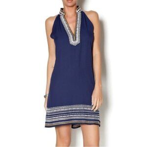 Women's S THML Chana Navy Embroidered Dress White Gold Sleeveless V Neck